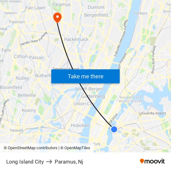 Long Island City to Paramus, Nj map