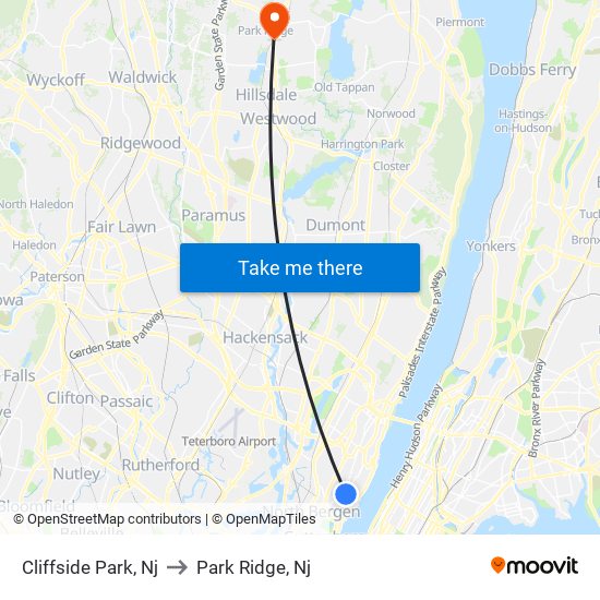 Cliffside Park, Nj to Park Ridge, Nj map