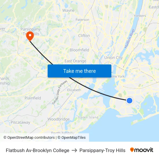 Flatbush Av-Brooklyn College to Parsippany-Troy Hills map