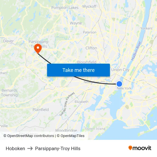 Hoboken to Parsippany-Troy Hills map