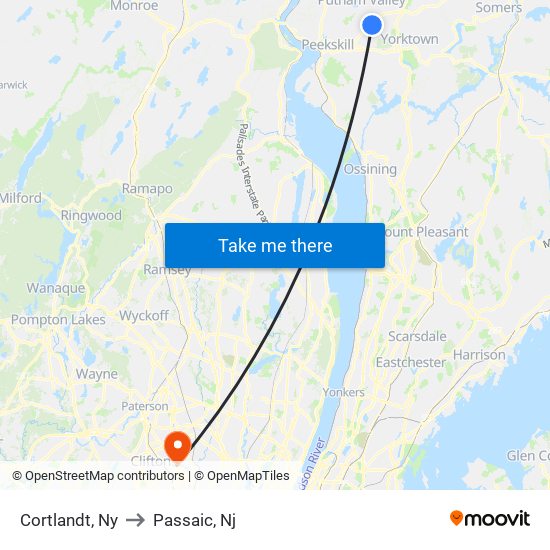 Cortlandt, Ny to Passaic, Nj map