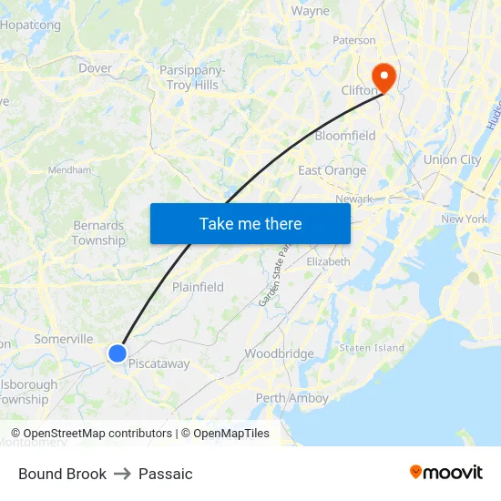Bound Brook to Passaic map
