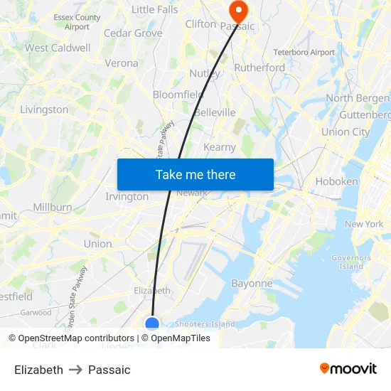 Elizabeth to Passaic map
