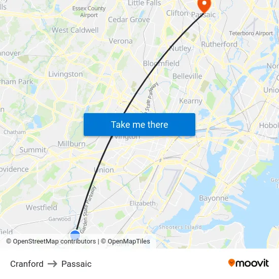 Cranford to Passaic map