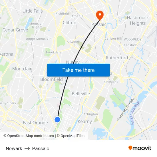 Newark to Passaic map