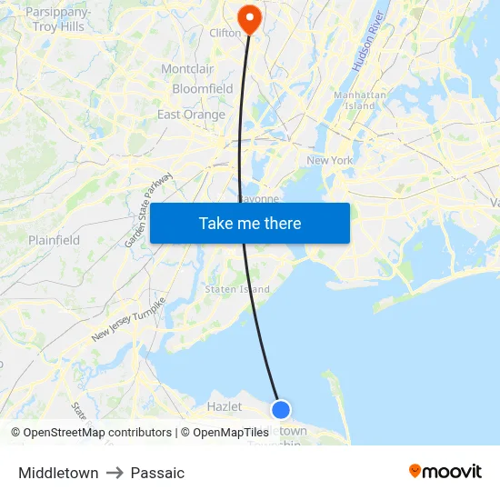 Middletown to Passaic map