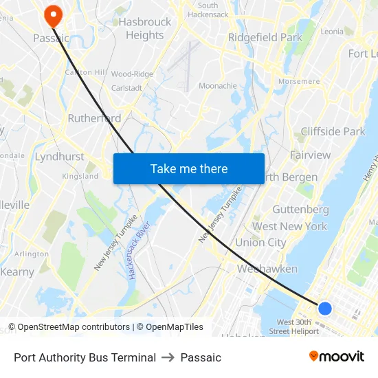 Port Authority Bus Terminal to Passaic map