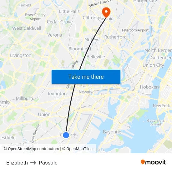 Elizabeth to Passaic map