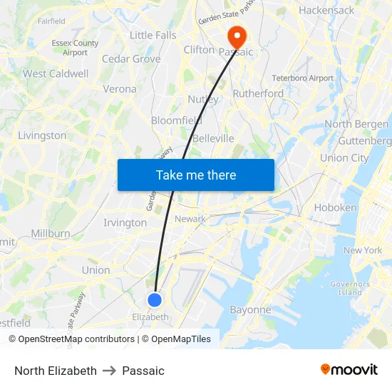 North Elizabeth to Passaic map