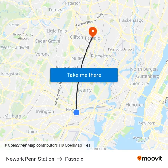 Newark Penn Station to Passaic map