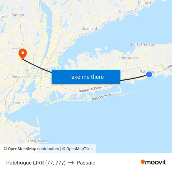 Patchogue LIRR (77, 77y) to Passaic map