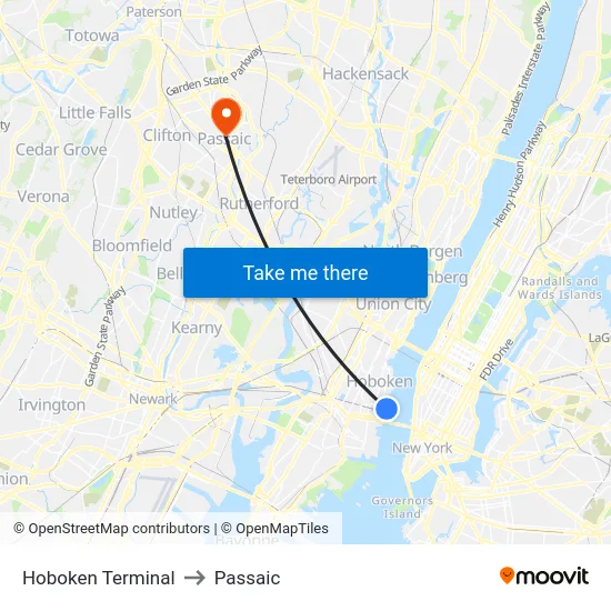 Hoboken Terminal to Passaic map