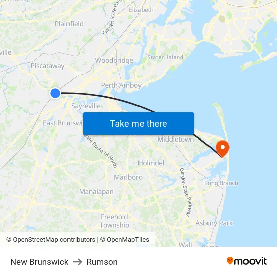New Brunswick to Rumson map