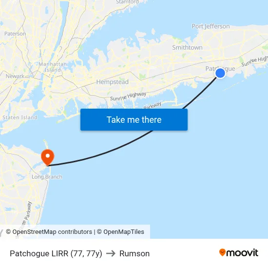 Patchogue LIRR (77, 77y) to Rumson map