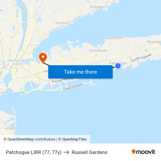 Patchogue LIRR (77, 77y) to Russell Gardens map