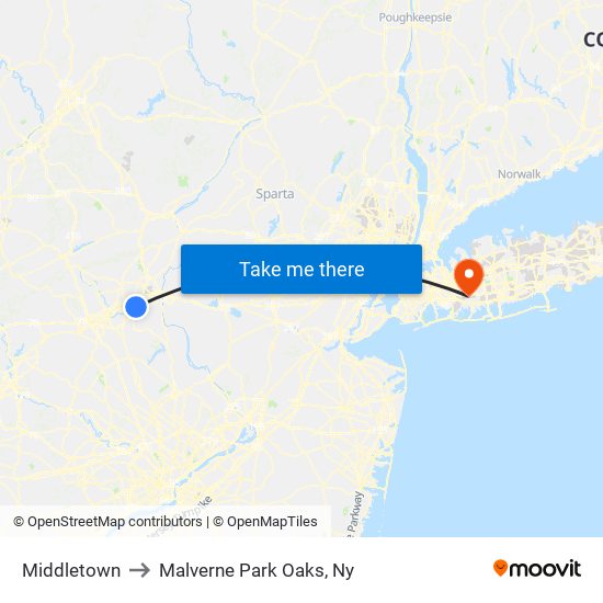 Middletown to Malverne Park Oaks, Ny map