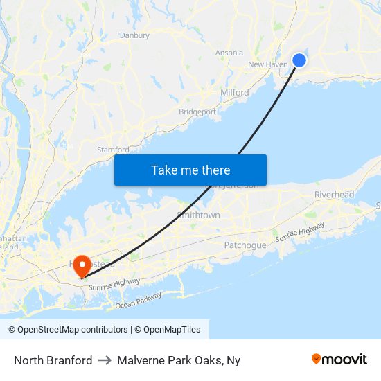 North Branford to Malverne Park Oaks, Ny map