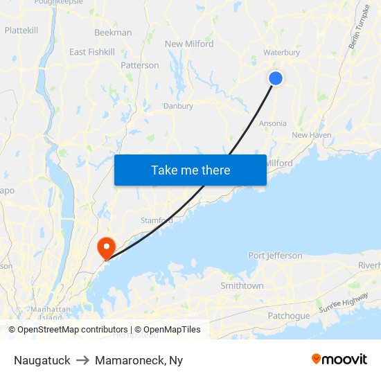 Naugatuck to Mamaroneck, Ny map