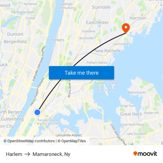 Harlem to Mamaroneck, Ny map