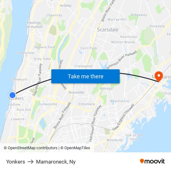 Yonkers to Mamaroneck, Ny map