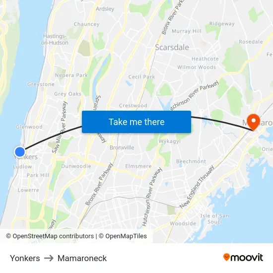 Yonkers to Mamaroneck map