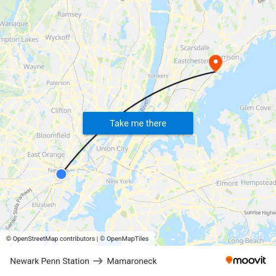 Newark Penn Station to Mamaroneck map