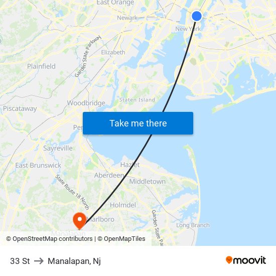 33 St to Manalapan, Nj map