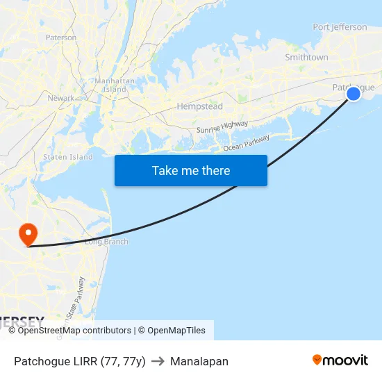 Patchogue LIRR (77, 77y) to Manalapan map