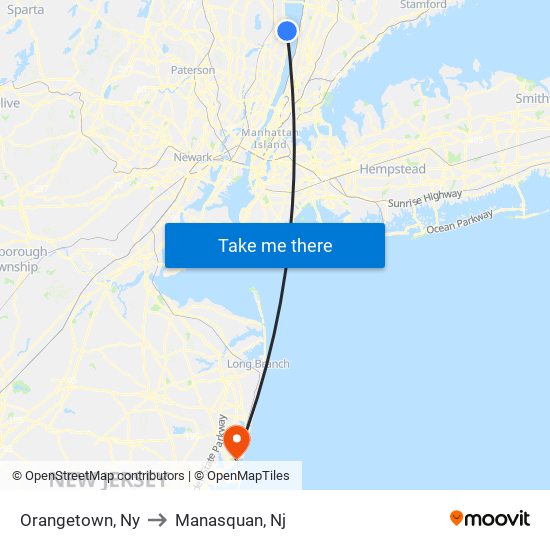 Orangetown, Ny to Manasquan, Nj map