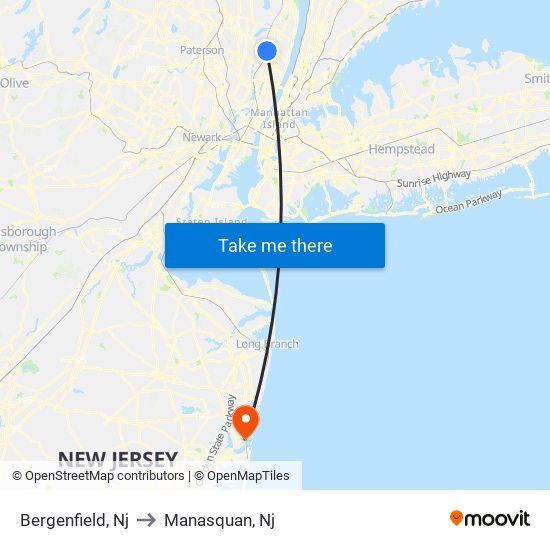 Bergenfield, Nj to Manasquan, Nj map