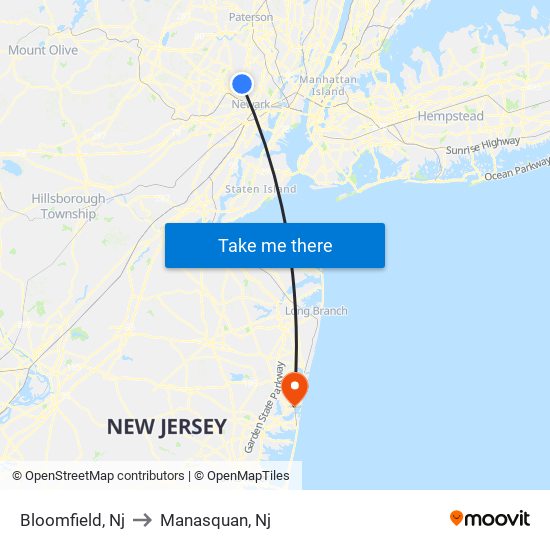 Bloomfield, Nj to Manasquan, Nj map