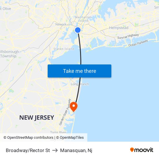 Broadway/Rector St to Manasquan, Nj map