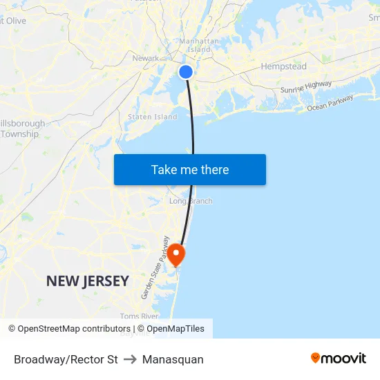 Broadway/Rector St to Manasquan map