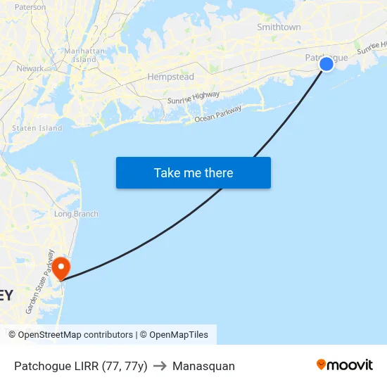 Patchogue LIRR (77, 77y) to Manasquan map