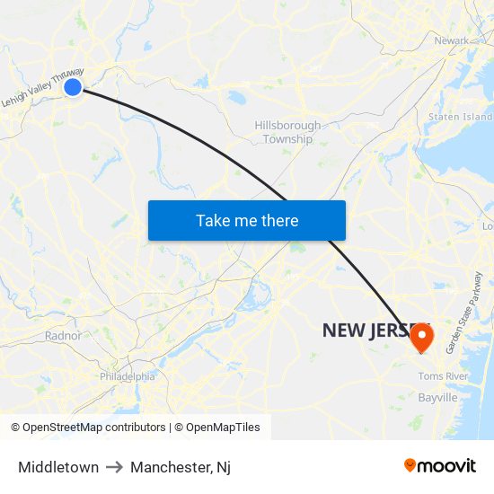 Middletown to Manchester, Nj map