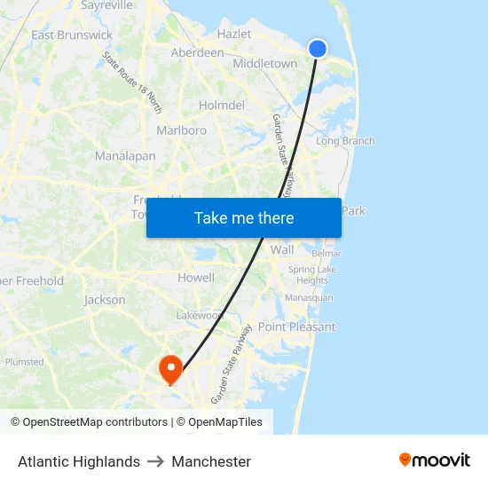 Atlantic Highlands to Manchester map