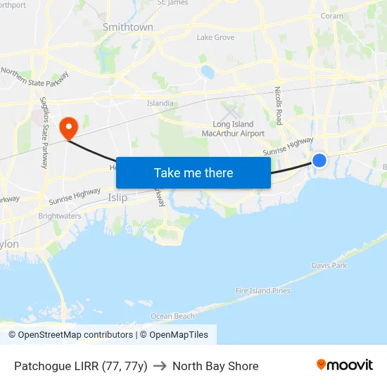 Patchogue LIRR (77, 77y) to North Bay Shore map