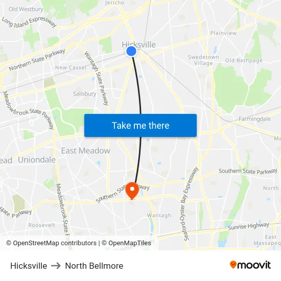 Hicksville to North Bellmore map