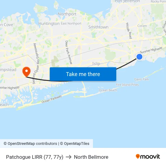 Patchogue LIRR (77, 77y) to North Bellmore map