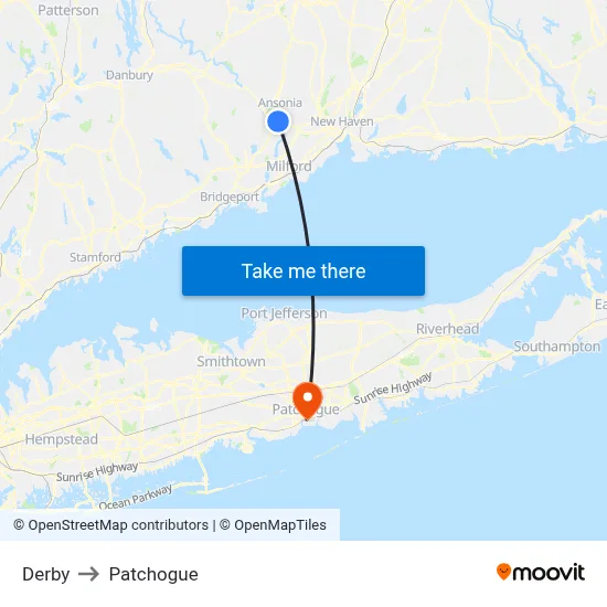 Derby to Patchogue map