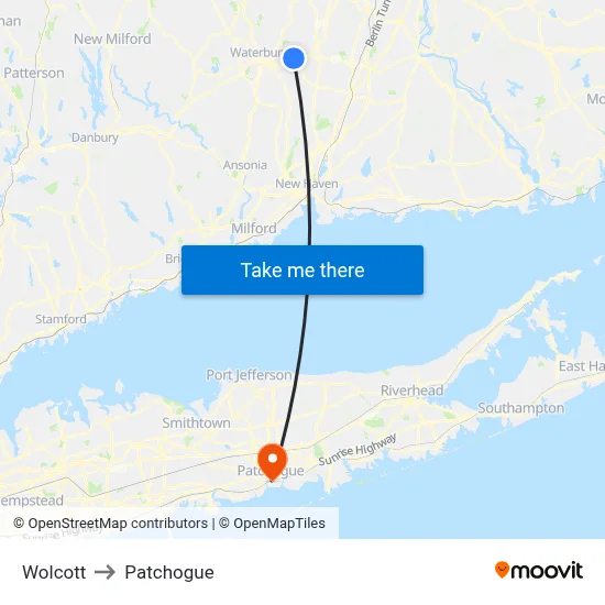 Wolcott to Patchogue map