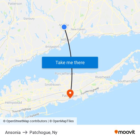 Ansonia to Patchogue, Ny map