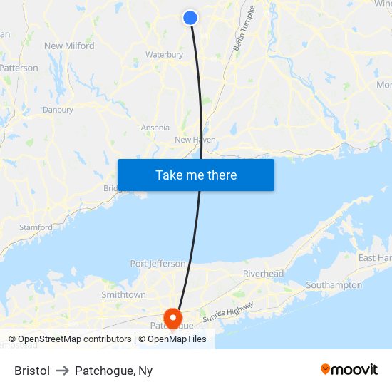 Bristol to Patchogue, Ny map