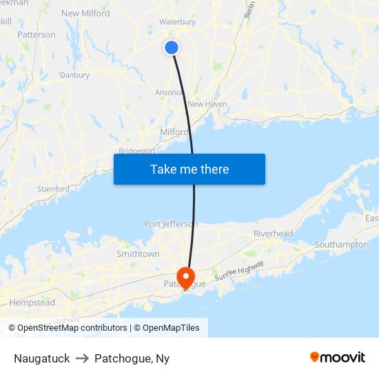 Naugatuck to Patchogue, Ny map