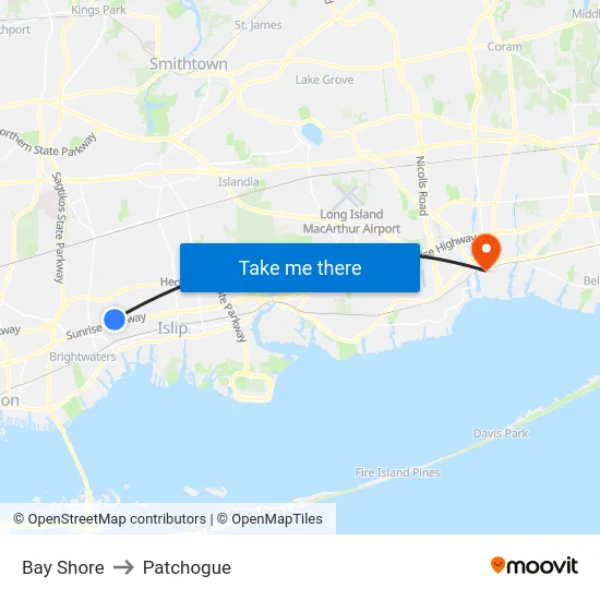 Bay Shore to Patchogue map