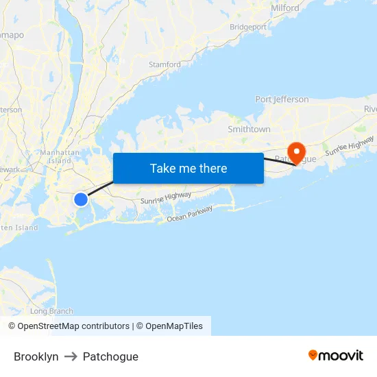 Brooklyn to Patchogue map