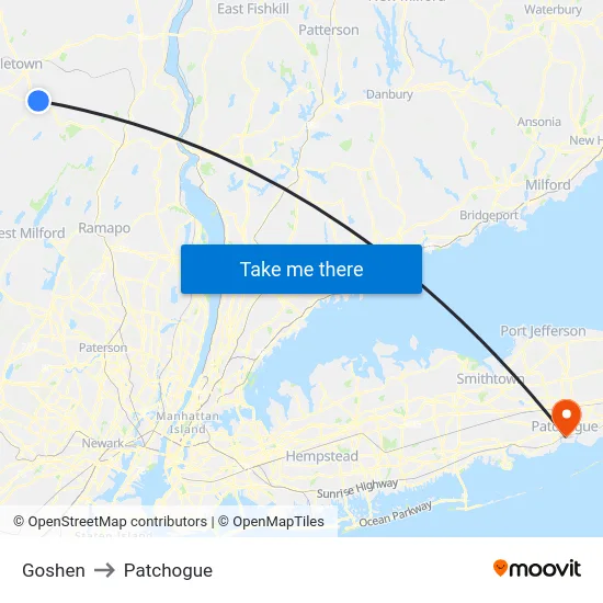 Goshen to Patchogue map