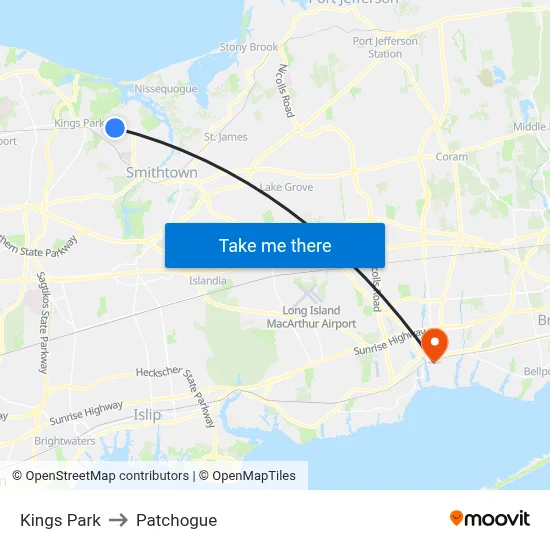 Kings Park to Patchogue map
