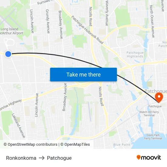 Ronkonkoma to Patchogue map