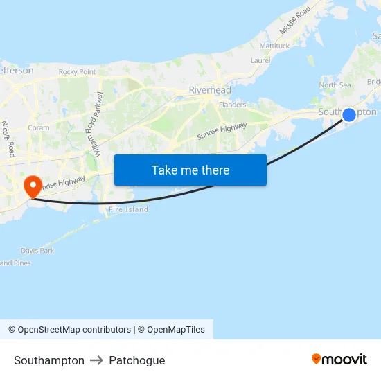Southampton to Patchogue map